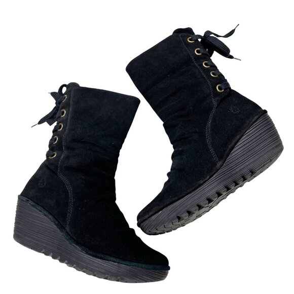 FLY London Yada Black Suede Mid-Calf Boot Size Euro 42 FLAW - Picture 2 of 15